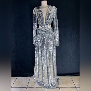 PatBO Silver Sequin Long Sleeve Dress